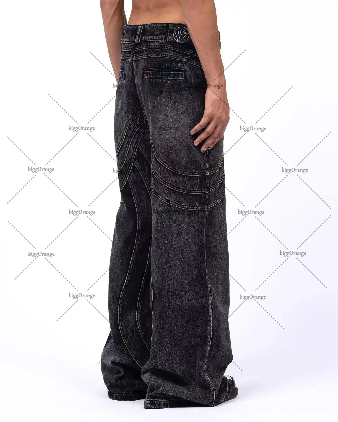 American Retro Hip Hop Stitching Black Jeans Men 2024 New Y2K Street Fashion Straight Mop Pants Punk Rock Casual Denim Trousers