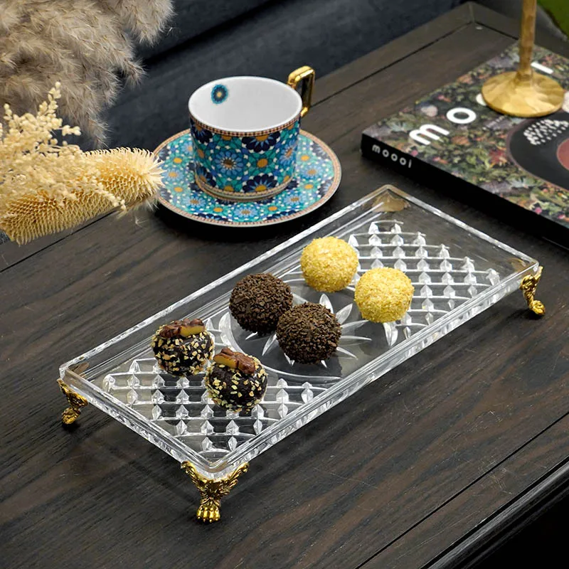 

Simple carved thickened crystal glass brass foot rectangular tray Luxury fruit plate for home dining table