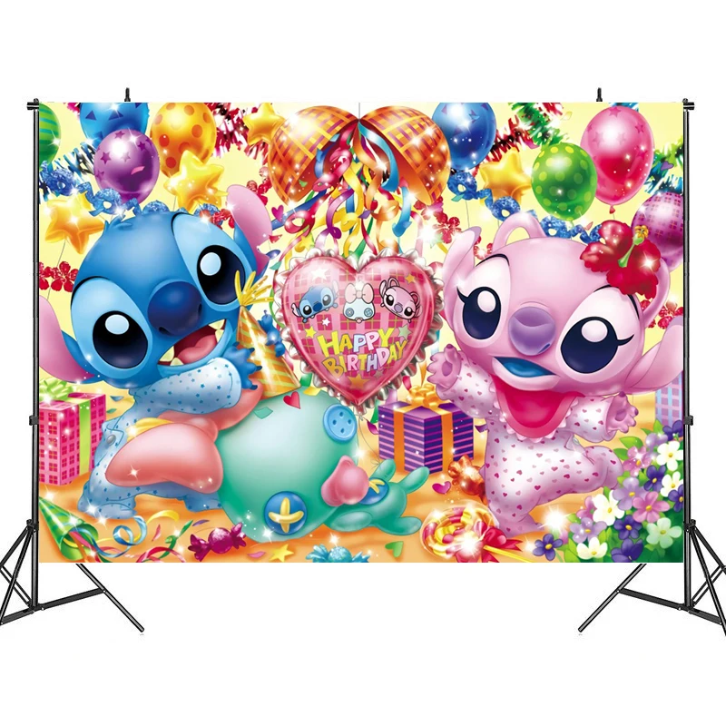 thumbnail image 1 of Fondo de ángel de Lilo y Stitch de Disney, decoraciones personalizables para fiestas de feliz cumpleaños, suministros para fiestas de baby shower, 1 of 5