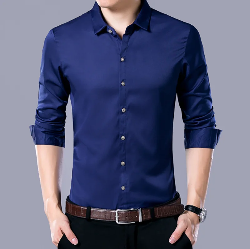 

Men's Long Sleeve Shirts Autumn Spring Mens Business Solid Slim Fit Workwear Shirts Top White Navy Black For Men Plus Size 4XL