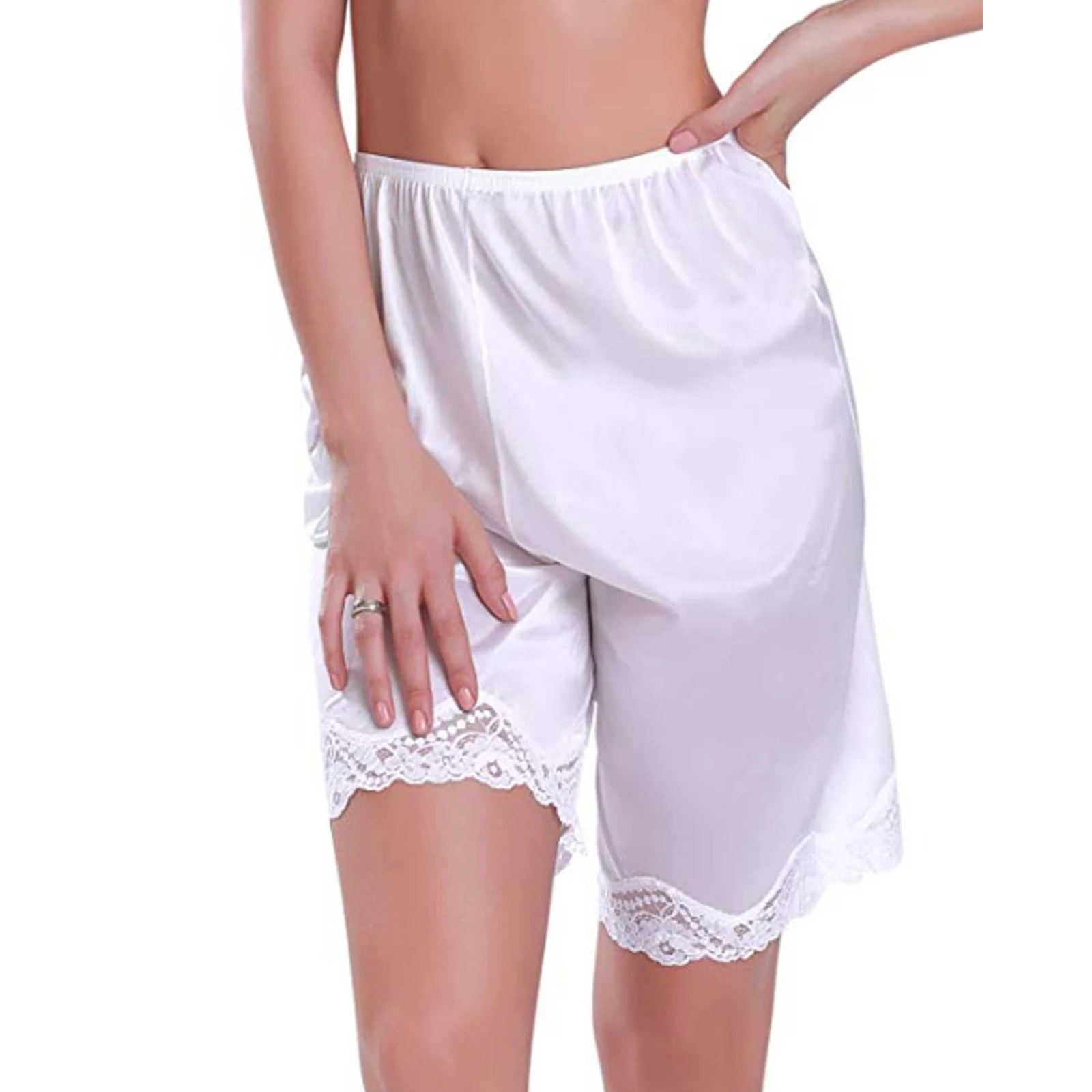 Women Comfortable Half Slips Satin Bloomer Pettipants Panty Under Dresses Lace Trim Pants Elastic Waist Liner Slip Shorts_ecoleips.com