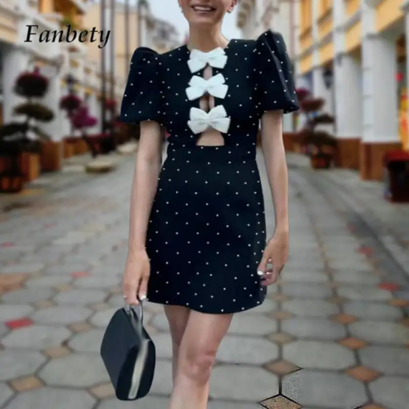 

Summer Sexy Ladies Bubble Sleeve Slim Party Banquet Dress Fashion Bow Hollow Out Mini Dress French Polka Dot Print Elegant Dress