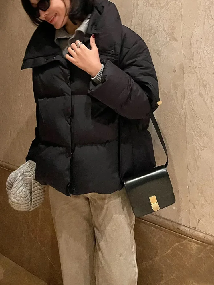 여성용 단색 터틀넥 다운 재킷, 두꺼운 싱글 브레스트 코트, 캐주얼 루즈 웜 코트, 겨울 신상