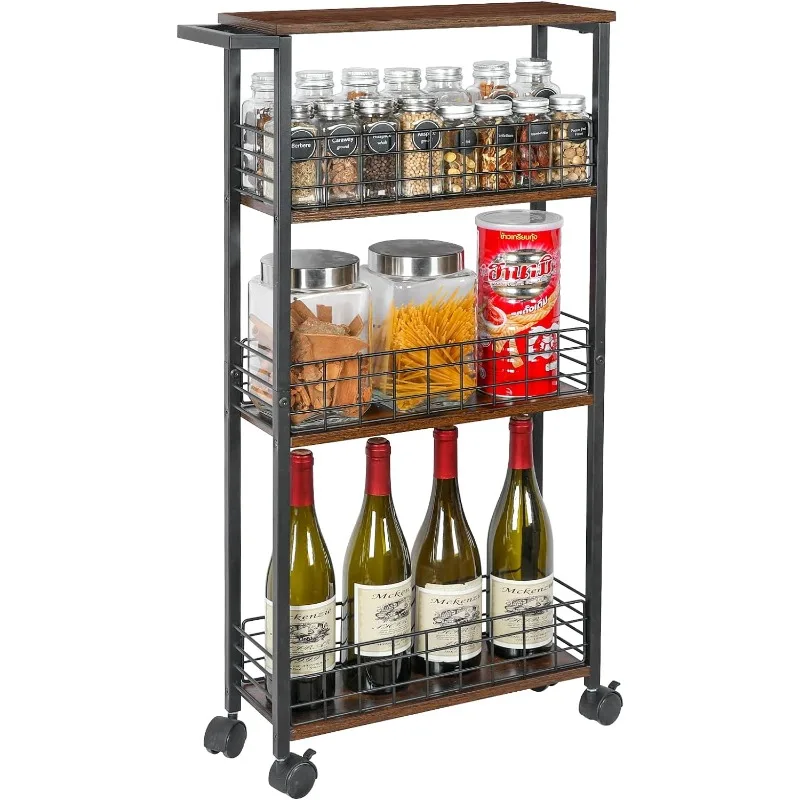 

Slim Storage Cart for Small Spaces, 4 Tier Rolling Storage Cart with Wheels Slide Out Mobile Utility Shelves Cart with Wooden