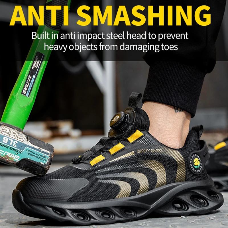 

Модная спортивная обувь, рабочая обувь, защитные ботинки с вращающимися пуговицами, проколостойкая обувь со стальным носком для мужчин и женщин, размеры 36-47
