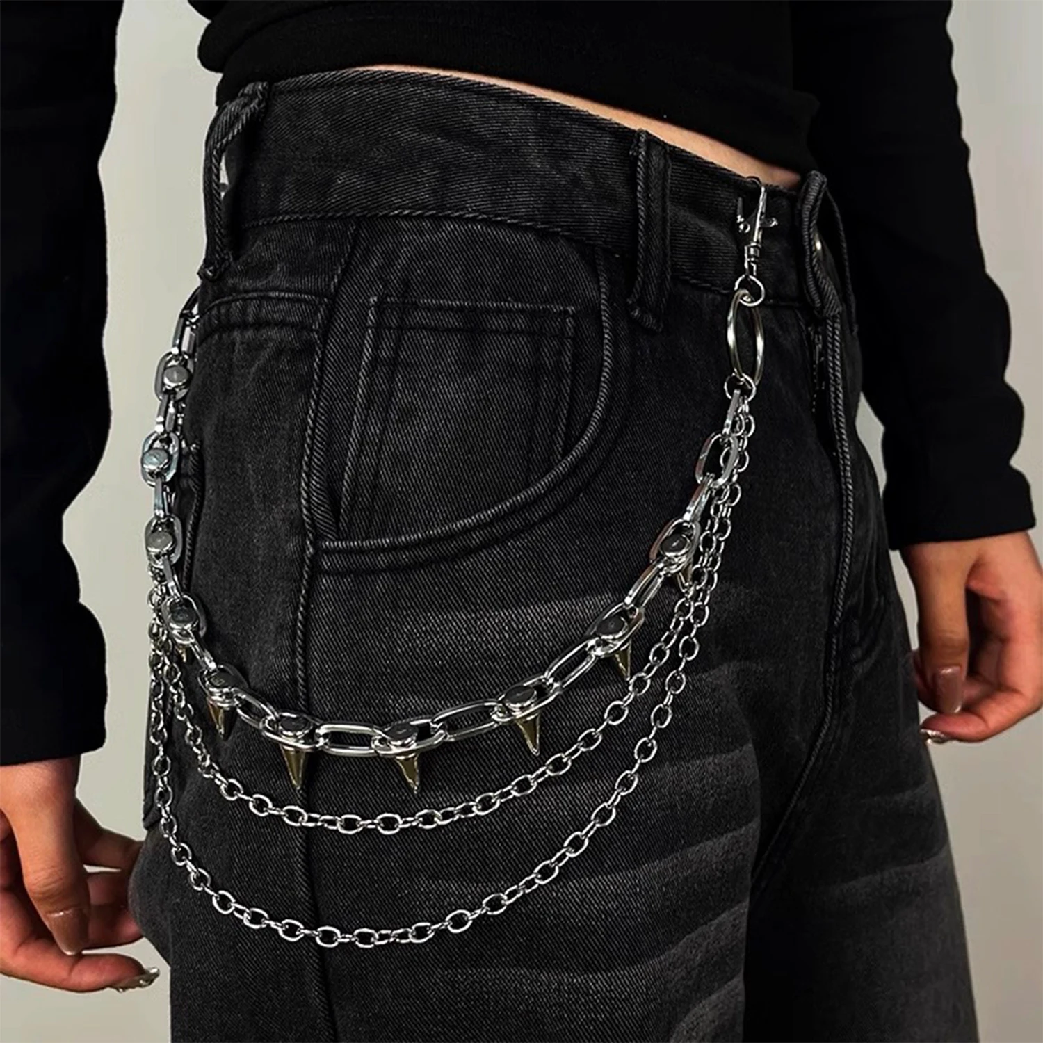 Punk-Niete, doppellagige Taillenkette, Hosenkette, Gothic-Gürtel, Metallketten, Deko für Jeans, Hosen, Modeaccessoire für Männer und Frauen