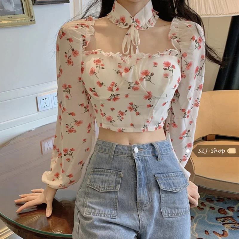 

Design Sense Niche Floral Shirt for Women 2023 New Autumn Halter Tight Waist Cropped Long Sleeve Chiffon Shirt