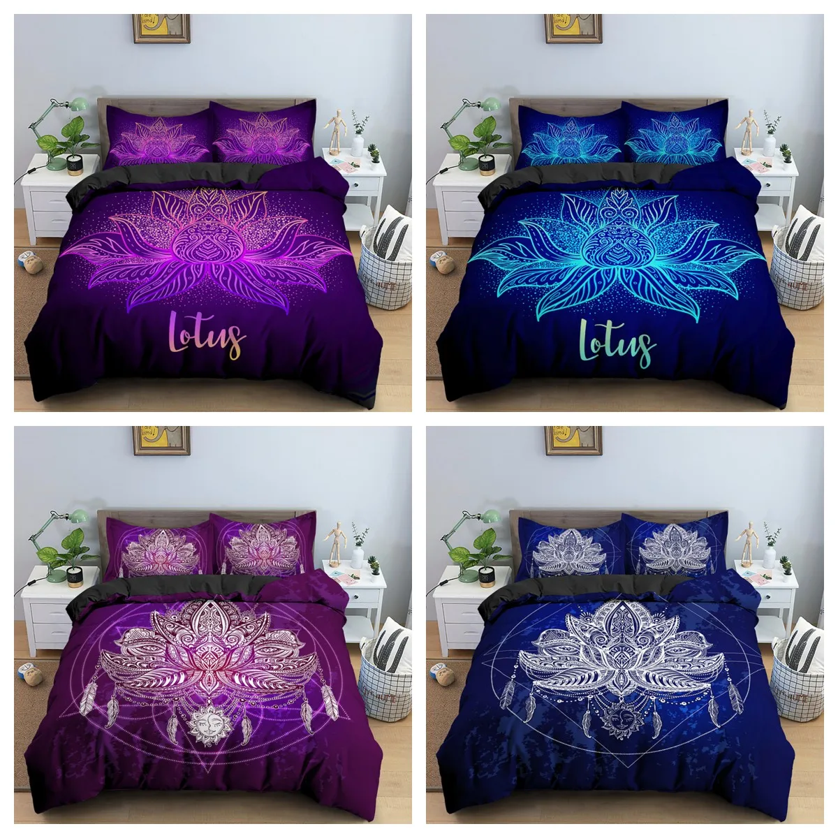 

3pcs Bed Set Bohemian Lotus Duvet Cover Set Mandala Flower Quilt Cover Adult Black Bedding Set Queen King Twin Teens Bed Cover