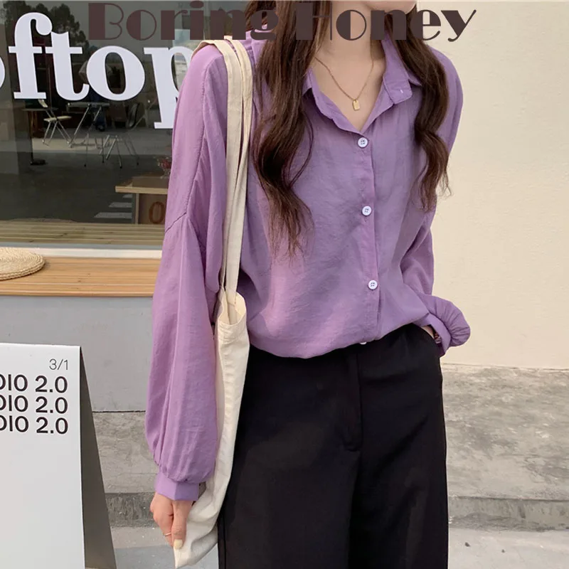 

Boring Honey Korean Style Cardigan Fashion Women Blouses Loose And Comfortable Tops Long Sleeves Solid Colors Women's T Shirts