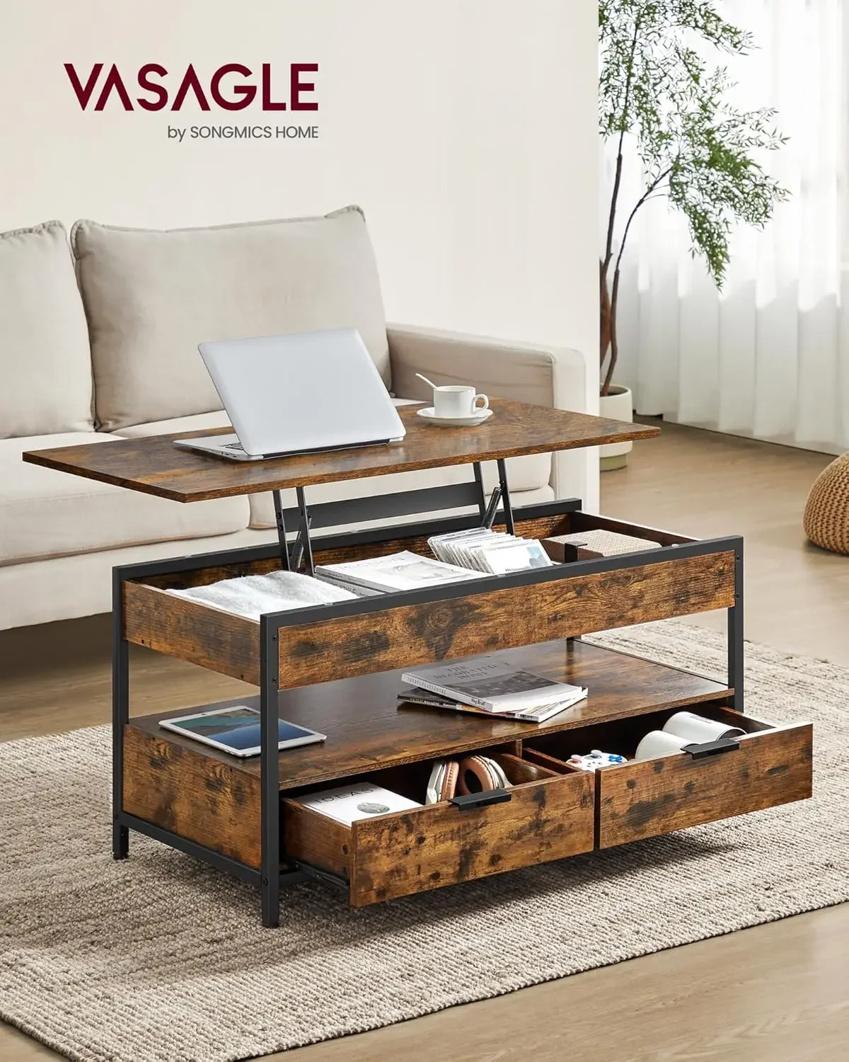 Lift Top Coffee Table with Storage Drawers, Coffee Table for Living Room with Lifting Top, Hidden Compartments and Open Shelf 2
