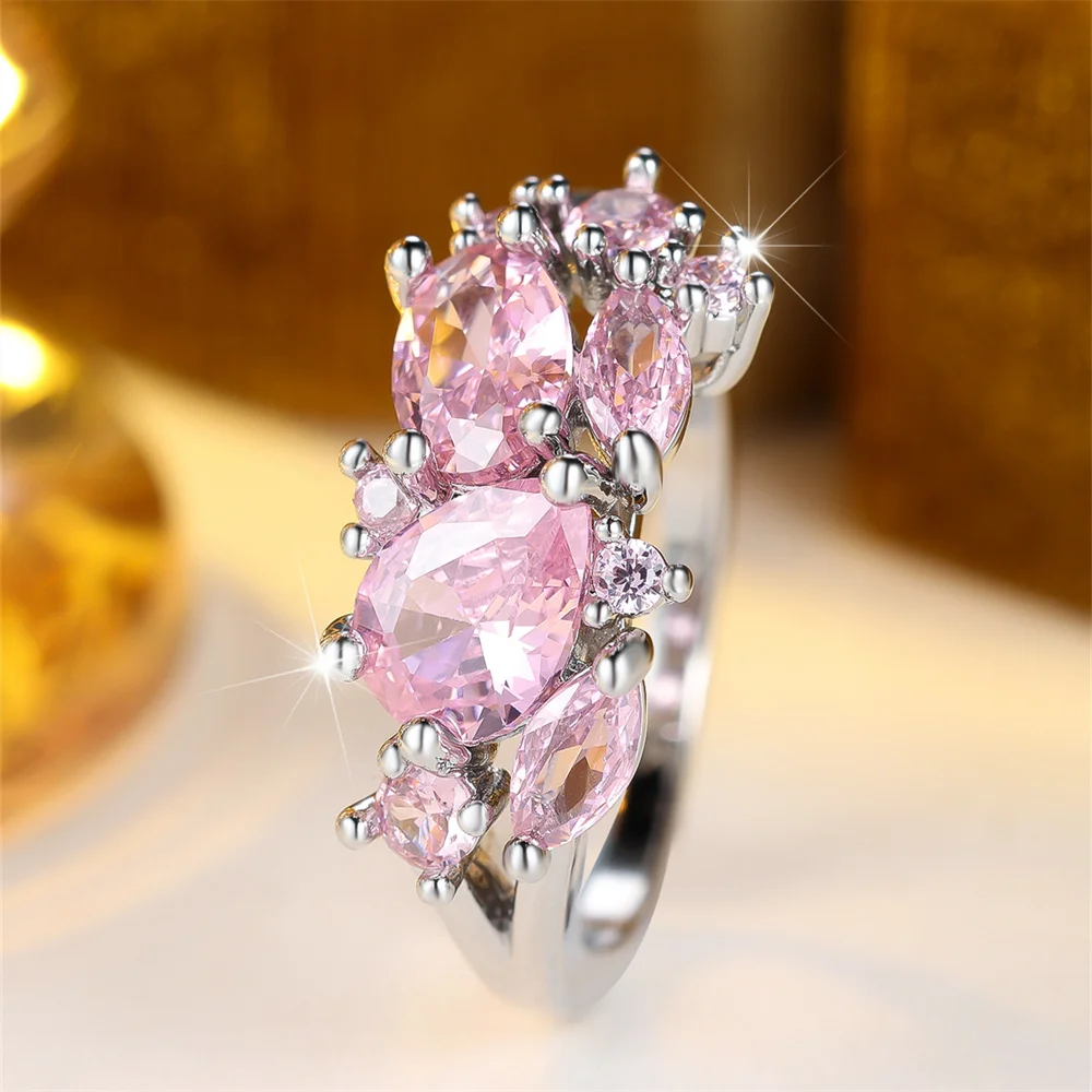Pink Crystal Zircon Water Drop Stone Rings For Women Vintage Silver Color Engagement Ring Wedding Jewelry Bridal Versatile Gifts