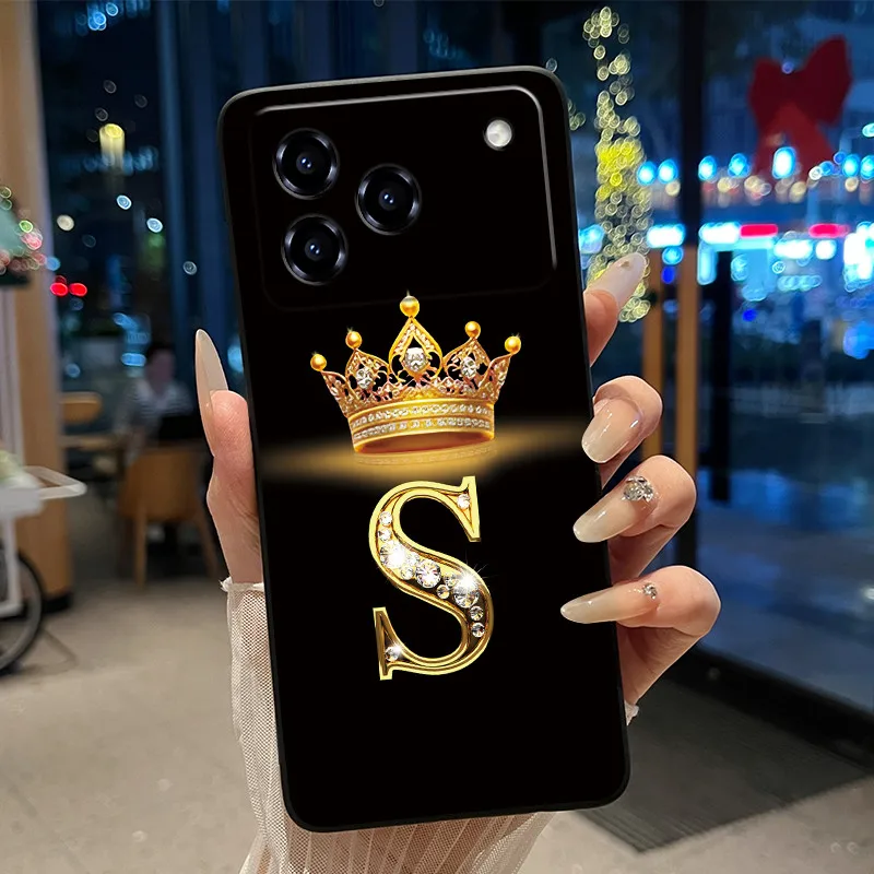 Elegant Shockproof Soft Silicone Black Phone Case with Golden Crown Design