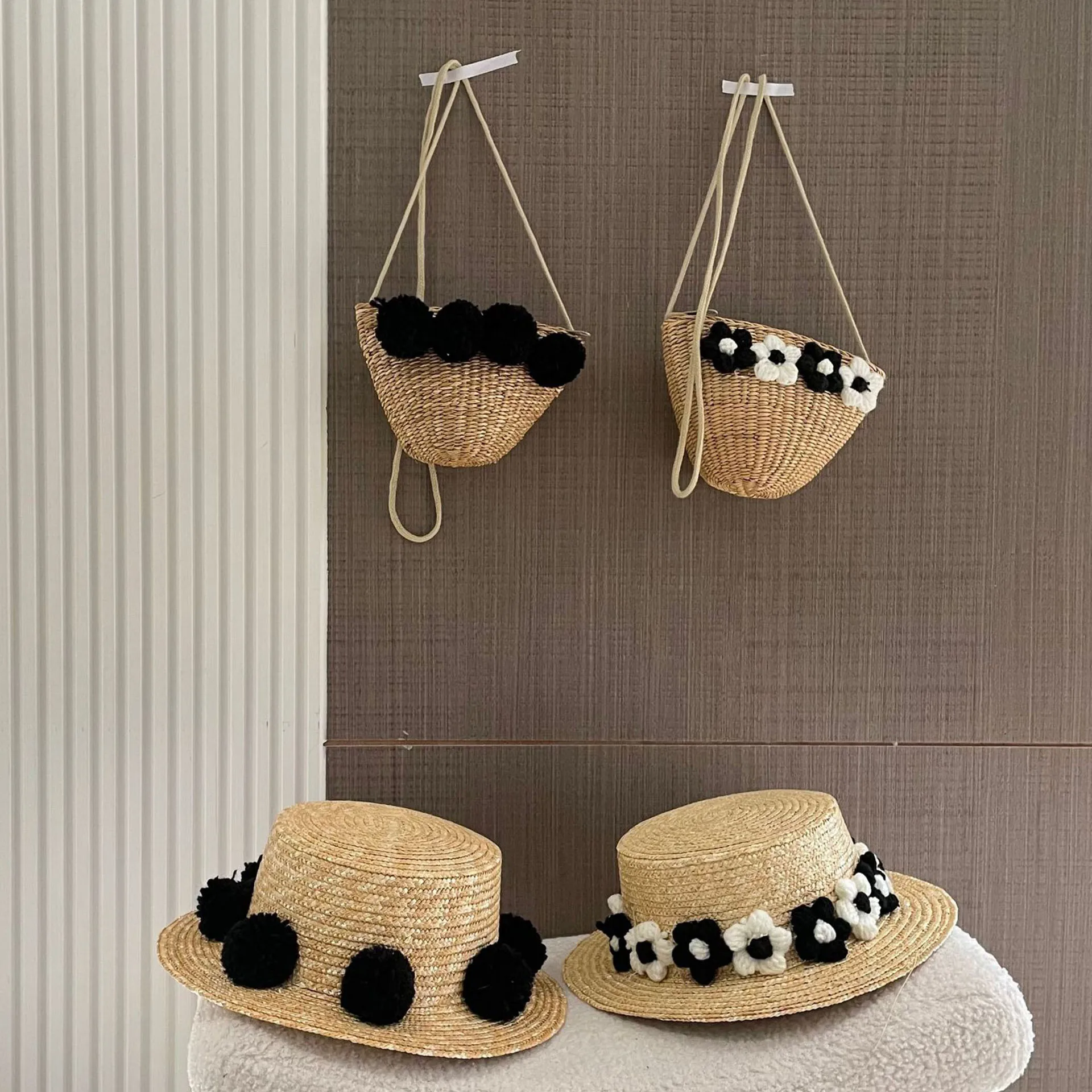 Cute Pom Pom Baby Straw Hat With Bag Fashion Baby Girls Bucket Hat Children Panama Caps Kids Accessories 2023 Kids Hats