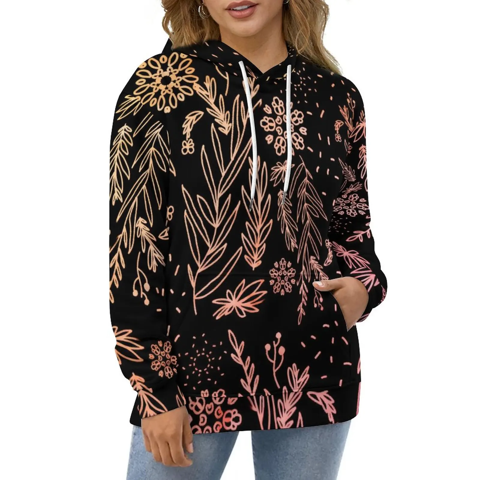 

Gold Rose Floral Casual Hoodies Cute Flowers Cool Pullover Hoodie Ladies Long Sleeve Custom Loose Oversize Hooded Sweatshirts