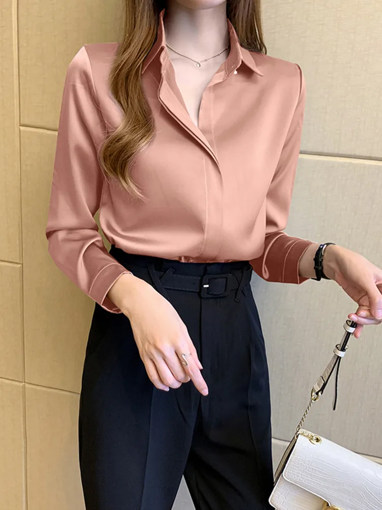 Camisa de satén para mujer, blusa de manga larga a la moda para