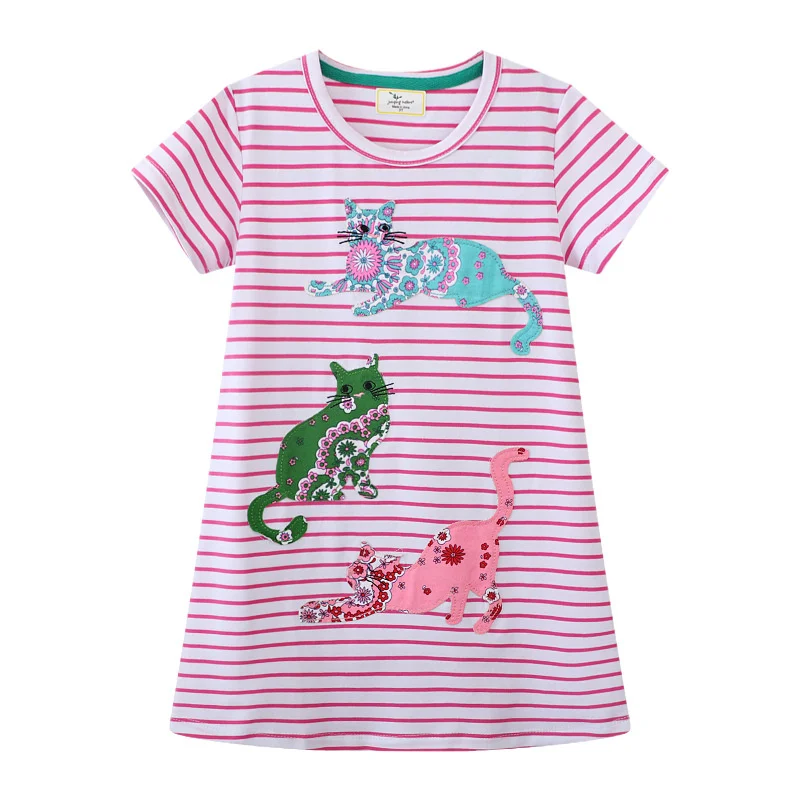 Jumping Meters 2-7T Summer Girls Dresses Striped Cats Applique Children's Clothes Short Sleeve Kids Frocks
