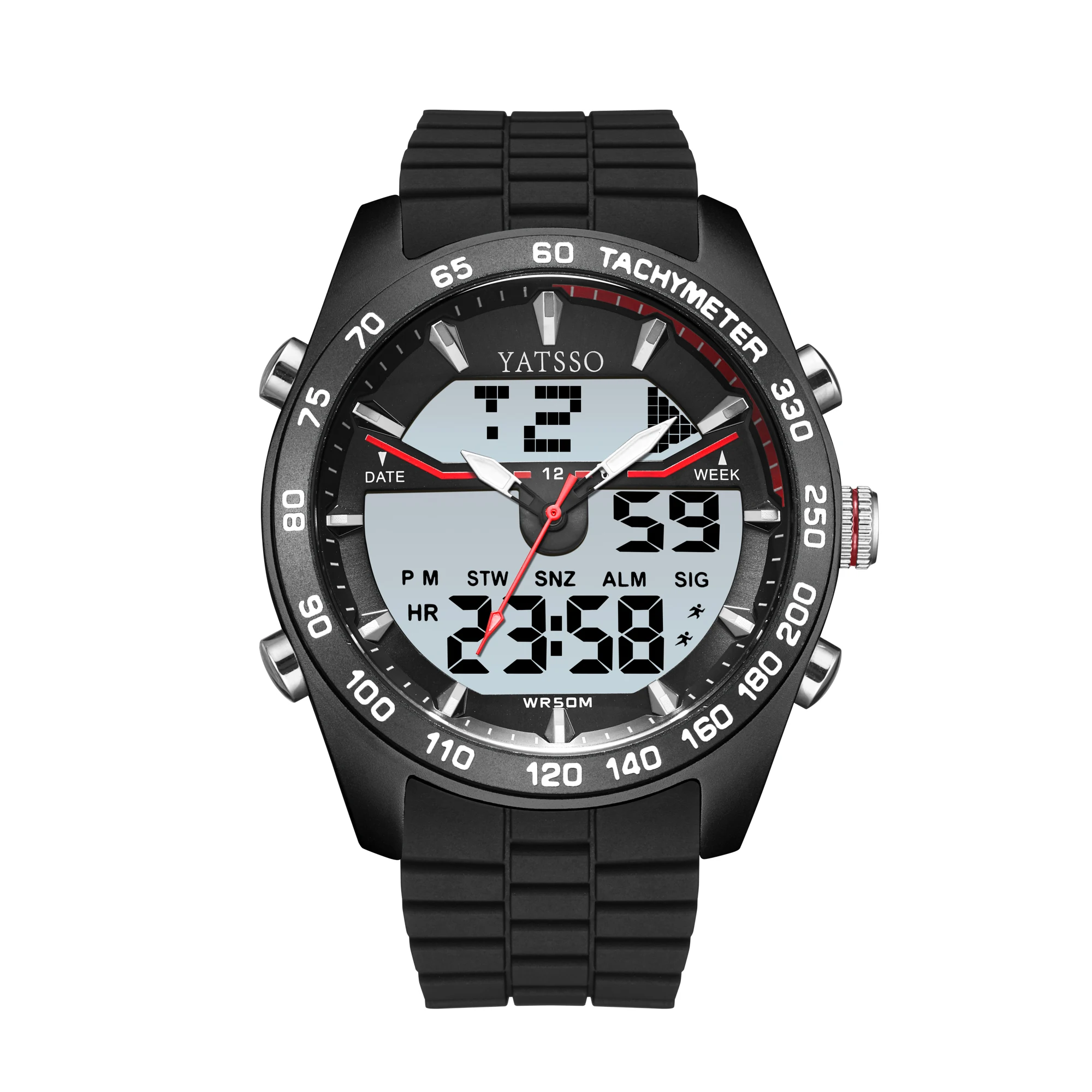 YATSSO men's alloy dual time display quartz watch led light alarm clock waterproof