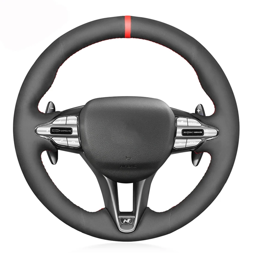 Black Faux Suede Red Marker Handstitched Car Steering Wheel Cover For Hyundai Veloster N 2019