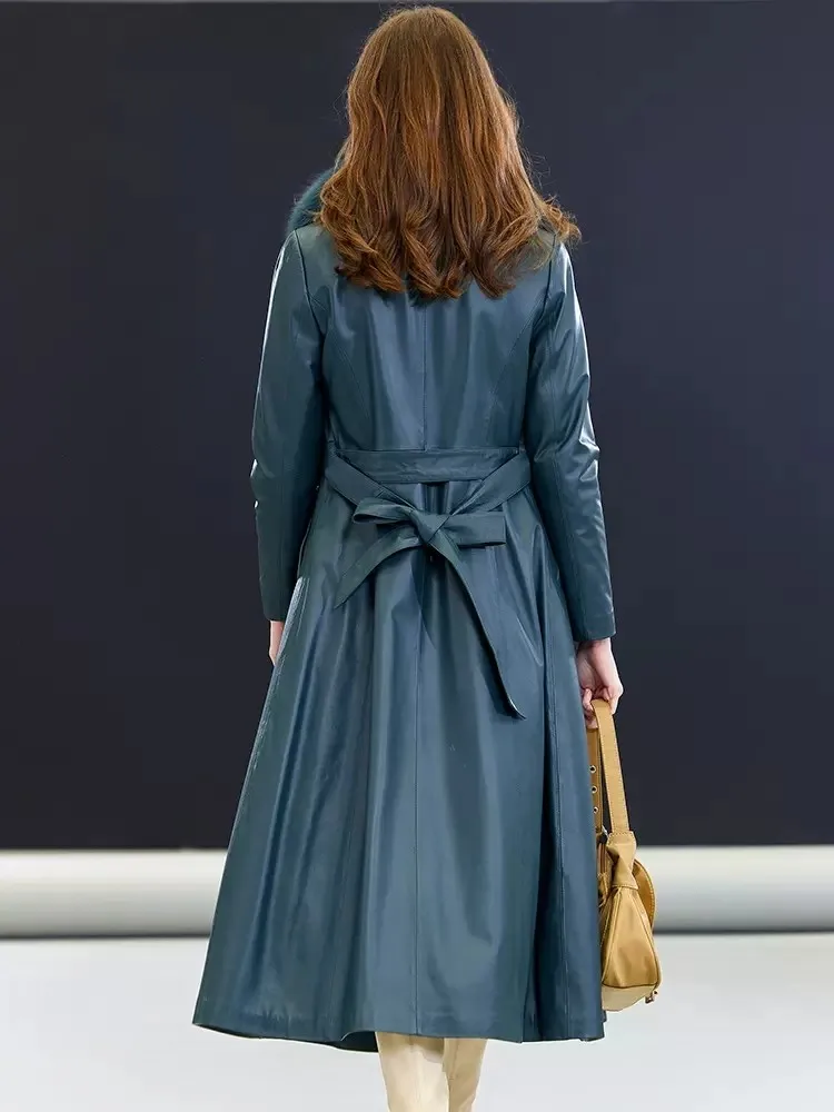 Italian Designer Women Fox Fur Collar Long Down Coat Double Breasted Belted Sheepskin Genuine Leather Jacket Winter OL Trench