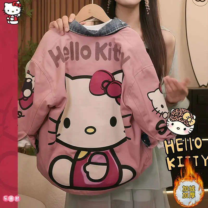 Sanrio 헬로 키티 청소년 겨울 코트 카와이 Y2K 애니메이션 아동 의류 어린이 경량 캐주얼 스트리트웨어 따뜻한 양털 재킷