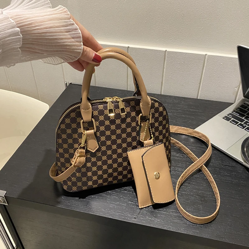 Luxury Shell Fashion Women's Handbag Simple Shoulder Bag Plaid Print Crossbody Bag with Mini Purse