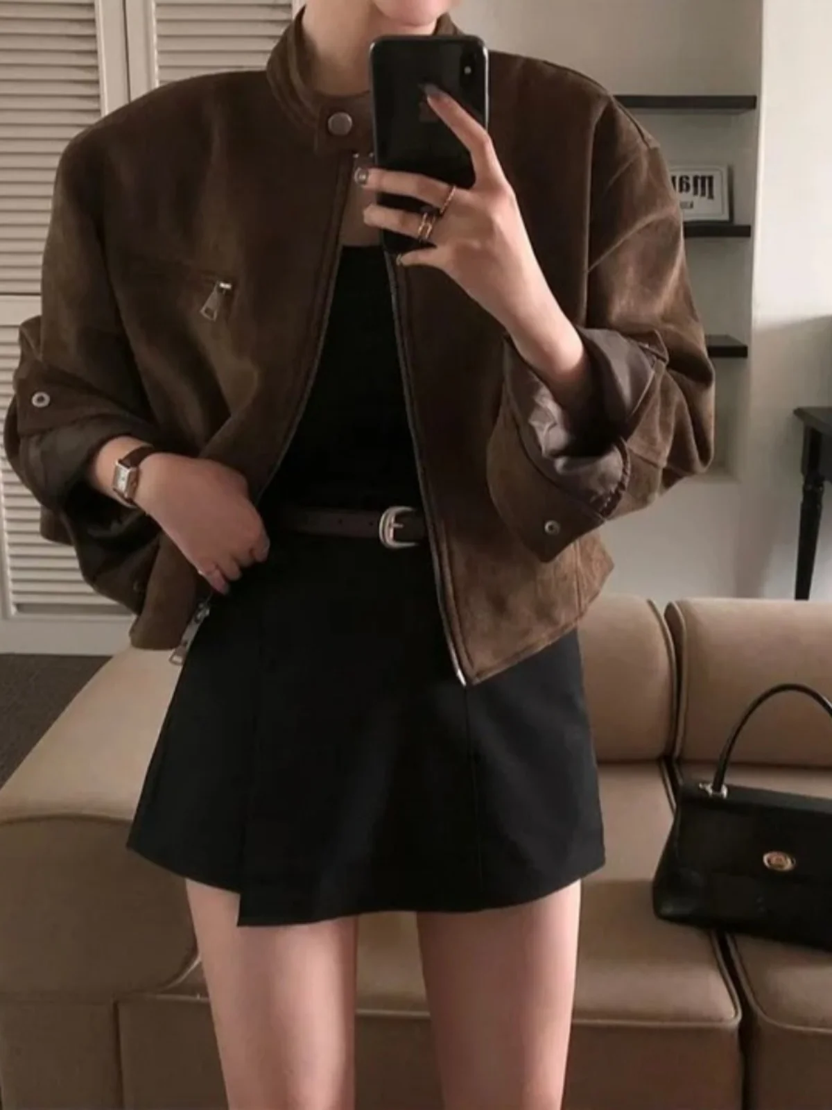 Women's Short Biker Jacket Outerwear Winter 2024 New Retro High-End Zipper Long Sleeve Top Comfortable Fit Fashionable Design - 4