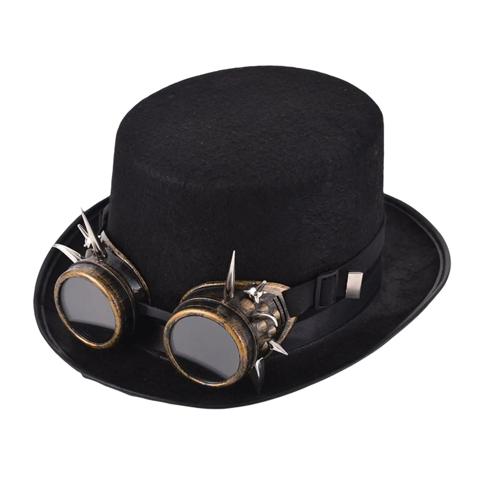 

Punk Steampunk Hat with Goggles Black Top Hat Elegant for Most Men and Women Halloween Cosplay Costume Black Made of Thick Felt