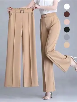Women's Elegant Solid Color Toothpick Striped Design Straight Leg Loose Casual Commuter Pants Palazzo Trousers