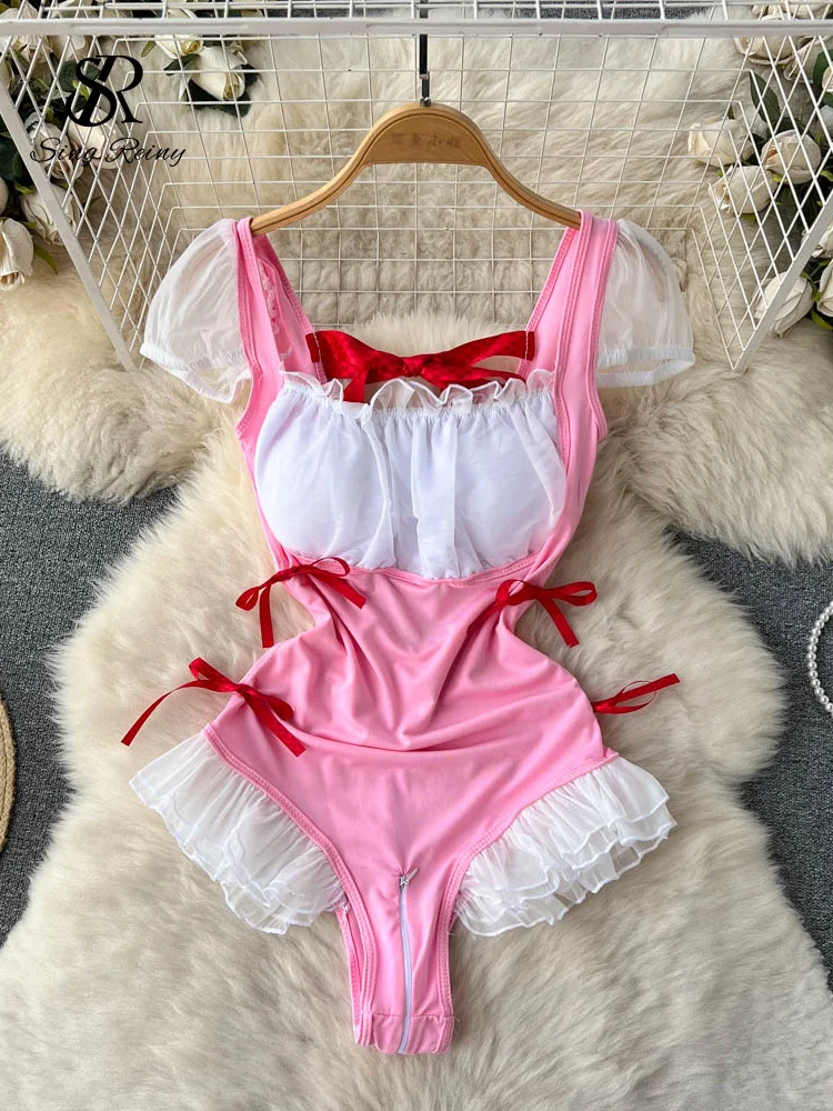 SINGREINY Women Open Crotch Sexy Underwear Playsuits Square Neck Ruffle Cosplay Erotic Lace Lingerie Shapewear Sensual_voghion.com