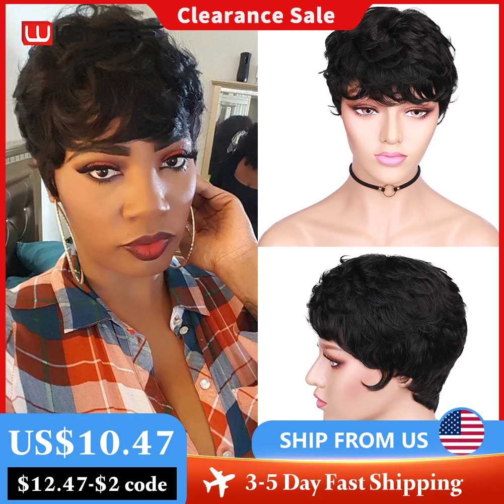 

Short Pixie Cut Curly Human Hair Wig With Free Bangs For Women Remy Brazilian Afro Jerry Curl Glueless Natural Black Cheap Wig