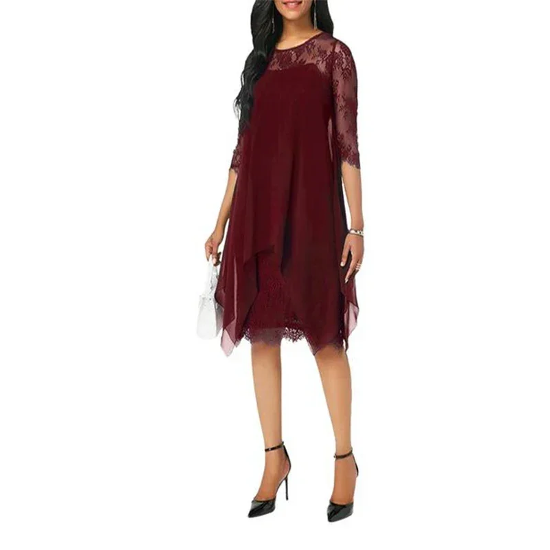 

Spring Summer New Women Elegant Lace Chiffon Dress Simple Solid Color Female Medium Sleeved Dresses