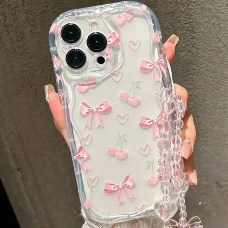 Chic Pink Bow Clear Phone Case with Bow Chain Silicone Cover