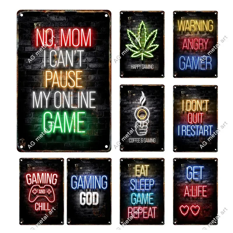 Sala Da Gioco Targa In Metallo Poster In Metallo Wall Art Videogioco Playroom Decor Picture Gamer Boy Neon Lights Letter Plate