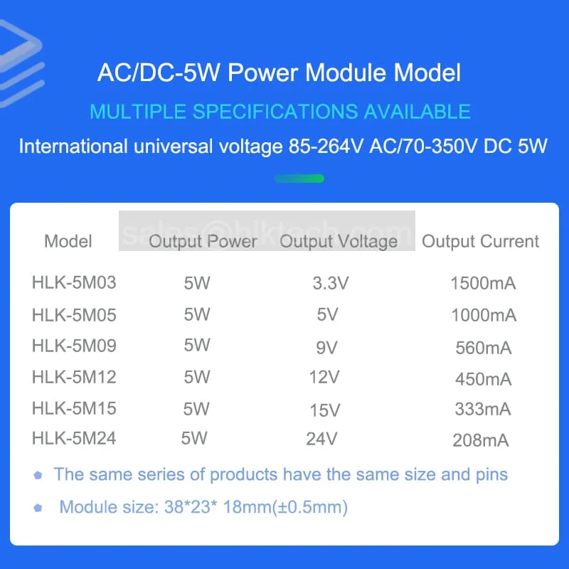 HLK-5M12 HLK-5M05 HLK-5M24 HLK-5M03 HLK-5M09 Hi-Link original 5W AC DC power module 220V to 3.3V/5V/9V/12V/15V/24V Switch CE FCC 6
