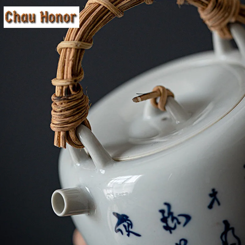 200ml Retro Handwritten Poems Art Teapot Household Tea Making Kettle Ceramic Rattan Beam Lifting Handle Pot Kung Fu Teaset Gift
