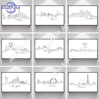 Poster con Disegni a Linee di Città Mondiali: Londra, New York, Parigi, Stampa d'Arte Nordica in Bianco e Nero, Quadro Minimalista su Tela per Arredamento Casa
