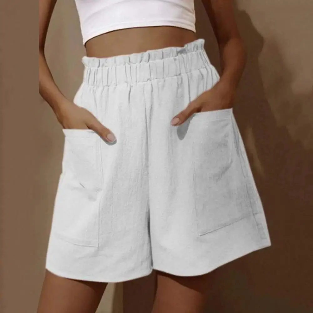 

Women Shorts Elastic High Waist Summer Shorts Side Pockets Shirring Straight Short Pants Above Knee Soft Daily Dating Shorts