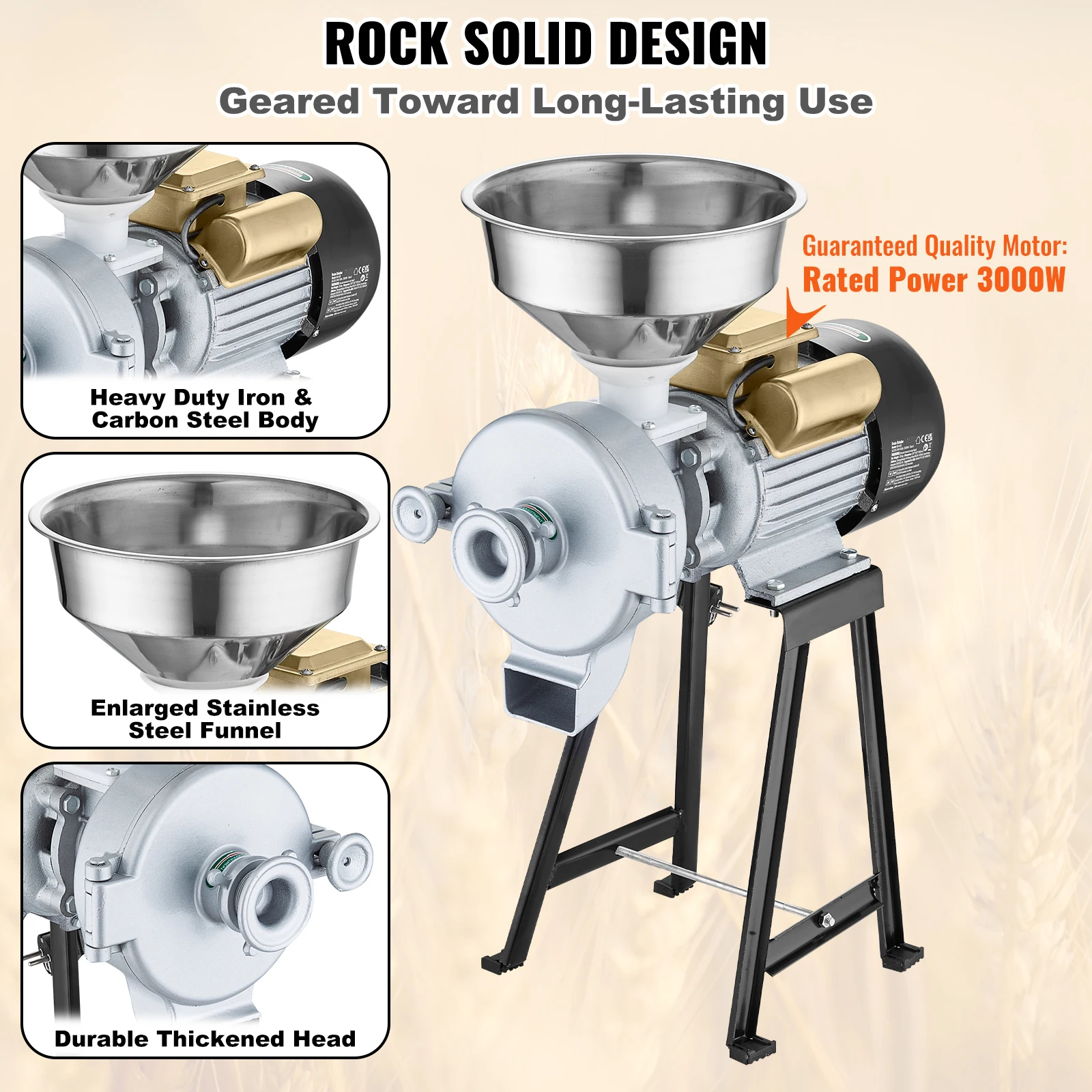 SucceBuy Electric Grain Mill Grinder 3000W Spice Grinders Commercial Corn Mill with Funnel Cereal Wheat Grinders Dry&Wet Grinder 6