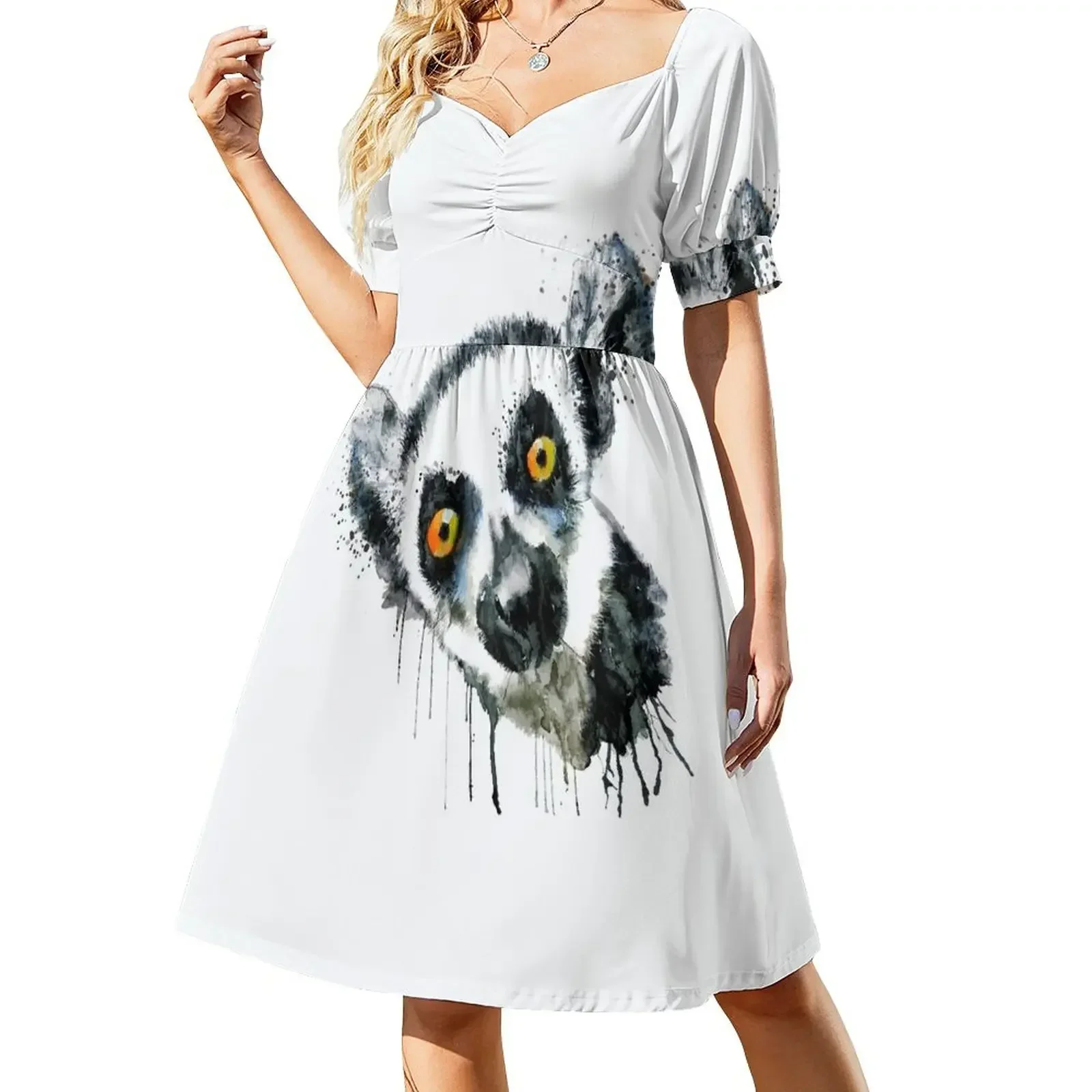 thumbnail image 1 of Vestido de manga corta con cabeza de lémur, vestido largo para mujer, vestido de fiesta, vestidos de novia para mujer, 1 of 7