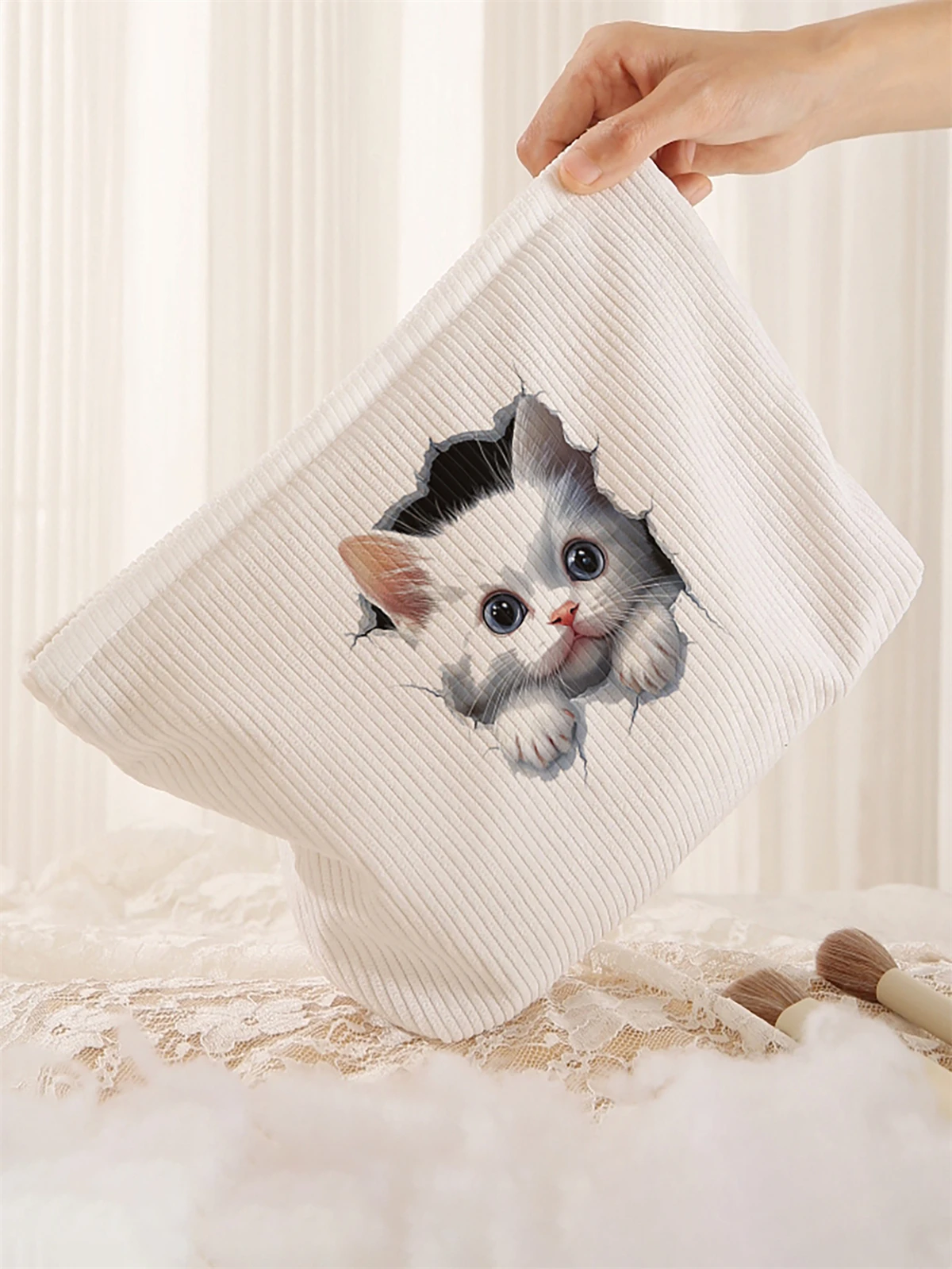 1 cat pattern printed corduroy makeup bag, lightweight zipper makeup storage box, multifunctional bag with lining