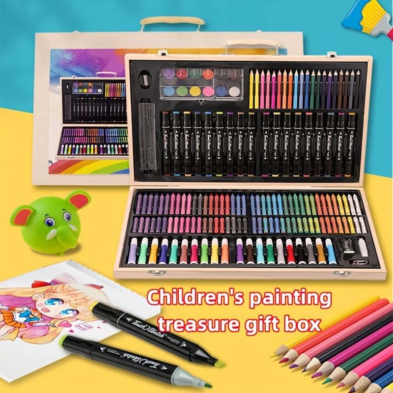 180 Wooden Box Marker Drawing Pen Set, 1 Wooden Box Children's Watercolour Pencil Set, Crayons, Watercolour Pencils