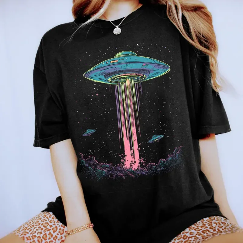 Retro Neon UFO T-Shirt Trippy 90er Psychedelic Alien Raumschiff Grafik-T-Shirt Vintage Rundhals Lässiges Kurzarm-Shirt für Herren Damen