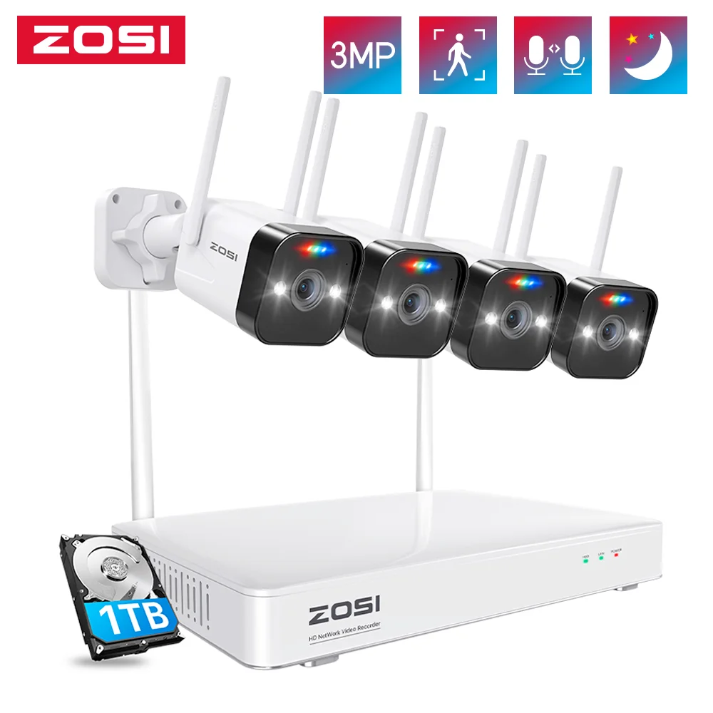 Zosi W4 Pro Wireless Surveillance System 8ch 2k Nvr 4pcs 3mp Wifi Ip