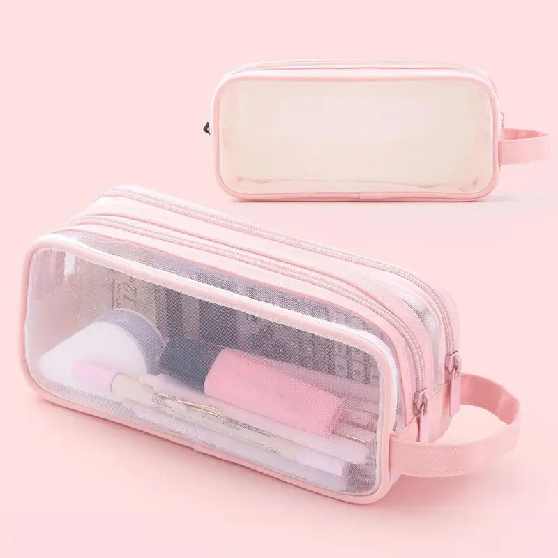 대용량 메쉬 펜슬 케이스, 2 구획 펜 가방, 다목적 십대 투명 문구 가방, 휴대용 다기능 가방