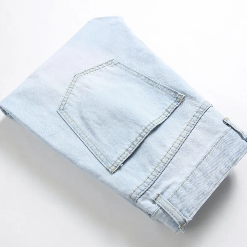 Men's Knee-length Ripped Fashion Jeans Light Blue New Trendy Casual Slim Straight Comfortable Denim Trousers Streetwear Male 3