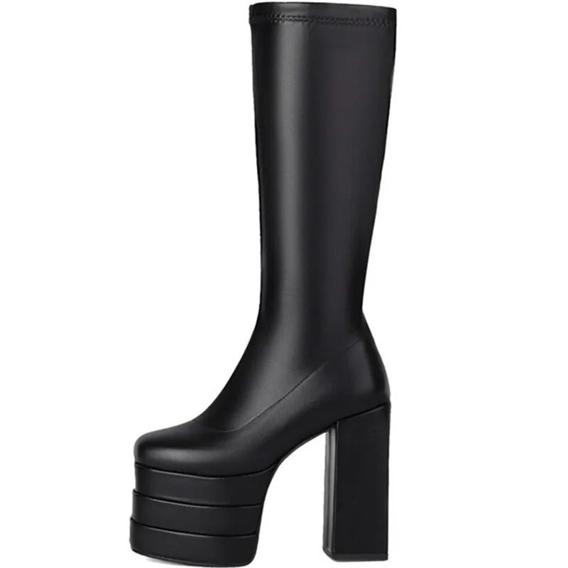 

Women's Knee High Boots Elegant Crude Heel Thick Platform Patent Leather Female Shoes Classics Solid Color Black Ladies Pumps