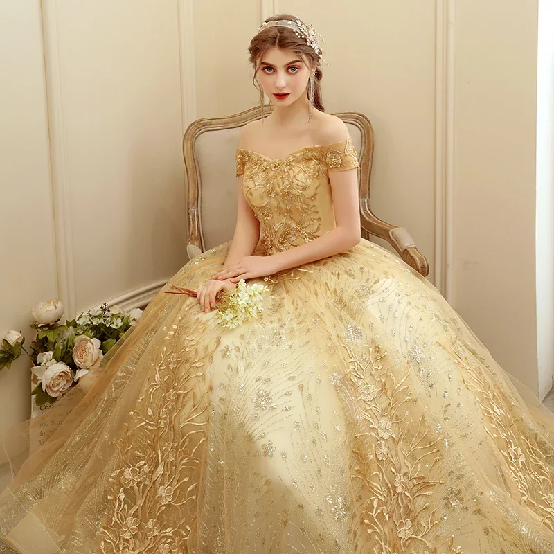 Off The Shoulder Party Gold Quinceanera Dress New Prom Dress Ball Gown Vintage Lace Quinceanera Gown Plus Size