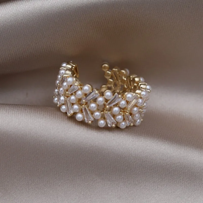 Korean Hot Fashion Jewelry Copper Set Zircon Pearl Ring Elegant Women's Daily Work Opening Adjustable Accessories Silver Ring Silver Rings