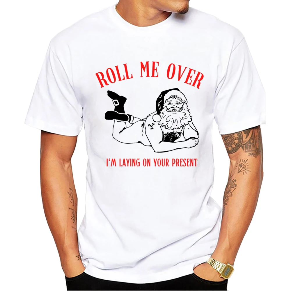 TEEHUB Chritma Tee Roll Me Over Men T-Shirt Boy Vintage Funny Santa Clau Print Short Sleeve T-Shirt Men' Sport_voghion.com