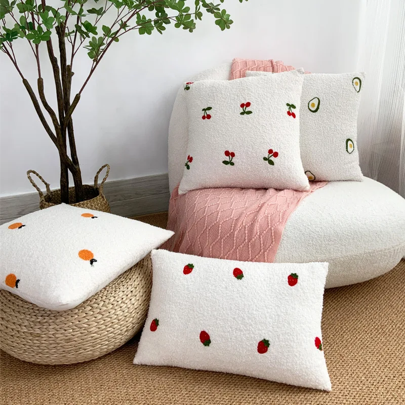 

New White Plush Fruit Embroidered Cushions Sofa Pillow Cover 45*45CM Cherry Daisy Bear Covers for Ornamental Living Room Pillow